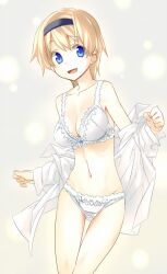  :d bare_shoulders blonde_hair blue_eyes bow bow_bra bra breasts cleavage dress_shirt duplicate female hairband himura_kiseki lingerie medium_breasts navel off_shoulder open_clothes open_mouth open_shirt original panties shiny_skin shirt short_hair simple_background smile solo thigh_gap underwear underwear_only white_bra white_panties 