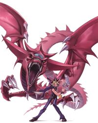  absurdres belt card cards dragon duel_disk duel_monster highres male male_focus multi-colored_hair multicolored_hair slifer_the_sky_dragon spiked_hair spikes spikey_hair tail takahashi_kazuki teeth wings yami_yugi yami_yuugi yellow_eyes yu-gi-oh! 