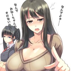  2girls black_hair blue_eyes breast_envy breasts brown_eyes cleavage commentary_request large_breasts long_hair multiple_girls oerba_yun_fang original pointing tears translated twintails wavy_mouth ygo_(kintsuba) 