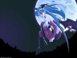  animal_print bare_back bat_(animal) bat_print bat_wings blue_hair boots bridal_gauntlets female floating full_moon gif_artifacts head_wings long_hair looking_at_viewer looking_back moon moonlight morrigan_aensland night night_sky pantyhose pc-98_(style) print_pantyhose sky solo teiku_(take) third-party_edit vampire_(game) watermark web_address wings 