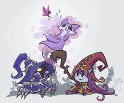  1boy animal_ears colored_skin commentary fairy female hat inkinesss league_of_legends long_hair lulu_(league_of_legends) pix_(league_of_legends) purple_hair purple_skin staff veigar wings yordle 