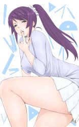  bad_perspective bakemonogatari blue_eyes boxcutter breasts commentary_request compass female finger_to_mouth fingernails highres legs libre lips long_hair medium_breasts monogatari_(series) nisemonogatari open_mouth pen pleated_skirt ponytail protractor purple_hair ruler scrunchie senjougahara_hitagi skirt solo stapler thick_thighs thighs 