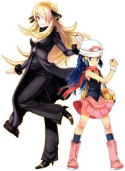  2girls bad_id bad_pixiv_id blonde_hair blue_eyes blue_hair boots cynthia_(pokemon) dawn_(pokemon) hair_over_one_eye height_difference high_heels highres holding holding_poke_ball long_hair multiple_girls photoshop_(medium) pink_footwear poke_ball poke_ball_(basic) pokemon pokemon_dppt rex_k shoes skirt smile wristband yellow_eyes 