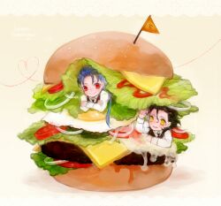  2boys ahoge bad_id bad_pixiv_id black_hair blue_hair burger cheese chibi cu_chulainn_(fate) cu_chulainn_(fate/stay_night) diarmuid_ua_duibhne_(lancer)_(fate) fate/stay_night fate/zero fate_(series) flag food lettuce long_hair male_focus medemoisellecu mini_person miniboy multiple_boys onion ponytail red_eyes yellow_eyes 