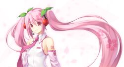  bare_shoulders breasts cherry commentary_request detached_sleeves female food fruit hatsune_miku headset highres long_hair necktie photoshop_(medium) pink_eyes pink_hair sakura_miku small_breasts smile solo twintails upper_body very_long_hair vocaloid wacchi 