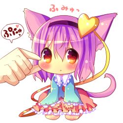  animal_ears artistic_error blush cat_ears cat_tail cheek_pinching chibi chocolat_(momoiro_piano) commentary_request dress female komeiji_satori pinching pink_hair purple_hair red_eyes simple_background solo tail third_eye touhou translation_request white_background 