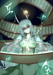  breasts commentary_request dress energy ex-keine female full_moon ginko_(nico) glowing green_dress head_tilt horns impossible_clothes impossible_dress kamishirasawa_keine large_breasts long_hair moon necktie night night_sky parted_lips red_eyes scroll sky solo star_(sky) text_focus touhou very_long_hair white_hair 