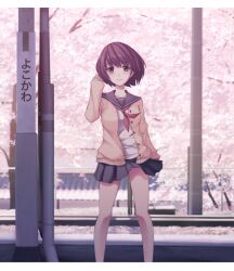  adjusting_hair blush cardigan cherry_blossoms commentary_request female looking_at_viewer original purple_eyes purple_hair school_uniform serafuku short_hair skirt smile solo spring_(season) standing train_station wind wind_lift yumemizuki 