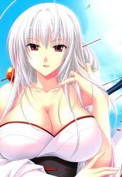  absurdres breasts choco_chip cleavage cloud clouds highres japanese_clothes kagami_tsukimi kimono large_breasts long_hair sara_sara_sasara sky smile white_hair 