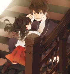  1boy aged_down bad_id bad_pixiv_id black_thighhighs blue_eyes brown_eyes brown_hair cheek_pinching fate/zero fate_(series) female gyoe kotomine_kirei lolicon long_hair pinching sitting stairs thighhighs tohsaka_rin twintails 