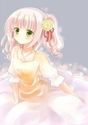  blush commentary_request dress female flower hair_flower hair_ornament highres long_hair one_side_up original partial_commentary pink_hair puracotte smile solo yellow_eyes 