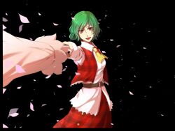  :d ascot bad_apple!! bad_id bad_pixiv_id belt closed_umbrella dress female green_hair highres kazami_yuuka looking_at_viewer open_mouth petals red_eyes short_hair simple_background smile solo suna_co touhou umbrella vest 