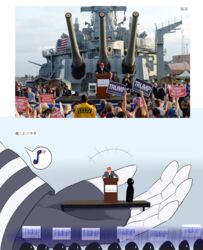  absurdres american_flag artist741 commentary comparison donald_trump formal giant giantess highres iowa_(kancolle) kantai_collection photo_(medium) photo_inset politician real_life thumbs_up uss_iowa_(bb-61) v 