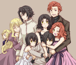  4boys 4girls arm_grab baccano! bare_shoulders black_hair blonde_hair bob_cut chane_laforet charon_walken claire_stanfield claudia_walken closed_eyes commentary_request dress family father_and_daughter frown green_eyes guratan-hige huey_laforet hug husband_and_wife long_hair luchino_campanella mandarin_collar monica_campanella multiple_boys multiple_girls one_eye_closed photoshop_(medium) red_eyes red_hair riza_laforet short_hair smile very_long_hair 