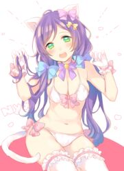  alternate_costume animal_ears bad_id bad_twitter_id bikini blush bow breasts cat_ears cat_tail cleavage female frilled_thighhighs frills gloves green_eyes hair_over_shoulder hairbow kemonomimi_mode long_hair love_live! love_live!_school_idol_project low_twintails medium_breasts navel nerunnn open_mouth paw_pose sitting solo swimsuit tail thighhighs tojo_nozomi twintails very_long_hair white_bikini white_gloves 