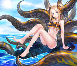  abigail_williams_(emerald_float)_(fate) abigail_williams_(fate) alternate_hairstyle ass bare_shoulders barefoot bikini black_bikini black_bow blonde_hair blue_eyes blue_sky blush bow breasts commentary_request day double_bun fate/grand_order fate_(series) feet female forehead frilled_bikini frills hair_bun hairbow highres hip_focus keyhole korean_commentary legs long_hair long_legs looking_at_viewer medium_breasts mhg_(hellma) miniskirt ocean octopus official_alternate_costume orange_bow parted_bangs parted_lips partial_commentary photoshop_(medium) polka_dot polka_dot_bow portal_(object) sitting skirt sky solo space star_(sky) swimsuit tentacle thighs tokitarou_(fate) 