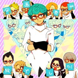  6+boys aqua_hair aqua_nails bespectacled black_hair black_nails black_sclera blonde_hair cellphone closed_eyes colored_sclera commentary_request cosplay crossed_arms curly_hair formaggio gelato ghiaccio ghiaccio_(cosplay) glasses grey_hair grin highres illuso jojo_no_kimyou_na_bouken melone multiple_boys nail_polish oerba_yun_fang one_eye_closed open_mouth pesci phone prosciutto red_eyes red_hair red_nails risotto_nero ruri_(347sankaku) smile sorbet sparkle tongue tongue_out translation_request vento_aureo 