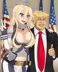  1boy absurdres american_flag artist741 breasts cleavage commentary donald_trump female formal highres iowa_(kancolle) kantai_collection large_breasts long_hair politician real_life star-shaped_pupils star_(symbol) symbol-shaped_pupils thumbs_up v 