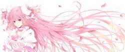  bad_id bad_pixiv_id dress female flower gloves highres kaname_madoka long_hair mahou_shoujo_madoka_magica mahou_shoujo_madoka_magica_(anime) mitsu_yomogi petals pink_eyes pink_flower pink_hair pink_rose rose simple_background solo spoilers two_side_up ultimate_madoka upper_body very_long_hair white_dress white_gloves 