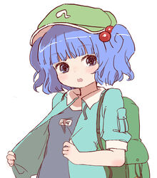  :o backpack bag blue_eyes blue_hair commentary_request female hair_bobbles hair_ornament hat hozumiare kawashiro_nitori one-piece_swimsuit school_swimsuit short_hair solo swimsuit swimsuit_under_clothes touhou two_side_up 