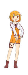  boots bow commentary_request female hood hooded_jacket jacket llio magical_girl mahou_shoujo_kazumi_magica mahou_shoujo_madoka_magica maki_kaoru official_style orange_eyes orange_hair short_hair shorts smile solo 