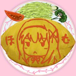  :&lt; akemi_homura cabbage celery chiyami collaboration commentary_request cucumber food food_focus homu ketchup mahou_shoujo_madoka_magica mahou_shoujo_madoka_magica_(anime) no_humans omelet omurice plate pun tomato yuuki_akira 