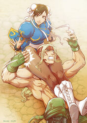  1boy abs alex_(street_fighter) asphyxiation blonde_hair blue_eyes bracelet breasts brown_eyes brown_hair bun_cover china_dress chinese_clothes chun-li commentary danusko double_bun dress english_commentary female femdom fingerless_gloves gloves hair_bun headband highres jewelry large_breasts long_hair muscular pantyhose photoshop_(medium) scissorhold short_hair signature spiked_bracelet spikes straight strangling street_fighter street_fighter_iii_(series) tap_out thighs topless_male 