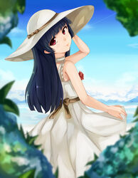  bad_id bad_pixiv_id black_hair blurry depth_of_field dress female from_behind gokou_ruri hand_on_headwear hat kalian long_hair looking_back mole mole_under_eye ore_no_imouto_ga_konna_ni_kawaii_wake_ga_nai outdoors photoshop_(medium) purple_eyes red_eyes solo sun_hat sundress white_dress 