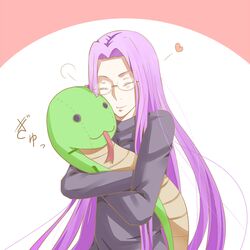  :3 bad_id bad_pixiv_id closed_eyes fate/stay_night fate_(series) female glasses honey_wolf hug long_hair medusa_(fate) medusa_(rider)_(fate) official_alternate_costume purple_hair smile stuffed_animal stuffed_snake stuffed_toy translated very_long_hair 