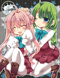  2girls blouse bow bowtie braid commentary_request double_bun glasses green_hair hair_bun happy kantai_collection long_hair long_sleeves makigumo_(kancolle) mole mole_under_mouth multiple_girls open_mouth pantyhose pink_hair pink_legwear ribbon school_uniform shirt single_braid sitting skirt sleeves_past_fingers sleeves_past_wrists smile twintails very_long_hair vest yoroi_nau yuugumo_(kancolle) 