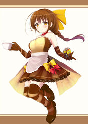  blush braid brown_hair cup female hair_ribbon kiri_frog kirimoti34 ribbon smile 