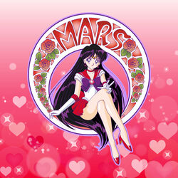  absurdres art_nouveau bare_legs bishoujo_senshi_sailor_moon blue_eyes character_name choker crossed_legs earrings female flower gloves heart heart_background high_heels highres hino_rei jewelry long_hair magical_girl purple_hair red_background red_sailor_collar riccardo_bacci sailor_collar sailor_mars sailor_senshi_uniform smile solo star_(symbol) star_earrings white_gloves 