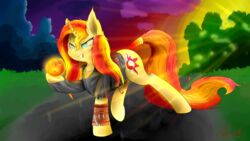  16:9 absurd_res all_fours angry ass clothing cloud cutie_mark digital_media_(artwork) equestria_girls equid equine female feral friendship_is_magic grass green_eyes grimace hair hasbro hi_res hooves horn jewelry long_hair looking_away magic mammal multicolored_hair my_little_pony mythological_creature mythological_equine mythology necklace outside plant rubydusk shirt sky solo sun sunset sunset_shimmer_(eg) topwear tree unicorn widescreen 