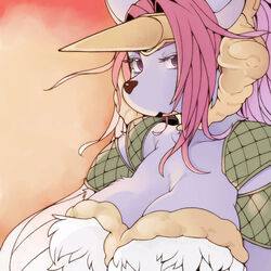  animal_ears breasts cleavage colored_skin commentary_request fake_horns female forehead_protector furry furry_female horns large_breasts legend_of_mana long_hair photoshop_(medium) purple_eyes purple_skin red_hair seiken_densetsu shoulder_pads sierra_(lom) sindoll single_horn snout upper_body 