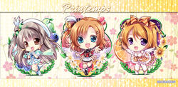  3girls :d blue_eyes brown_eyes brown_hair chibi commentary_request dancing_stars_on_me! grey_hair group_name hair_ornament hairclip hat idol koizumi_hanayo kosaka_honoka long_hair looking_at_viewer love_live! love_live!_school_idol_project minami_kotori multiple_girls open_mouth pleated_skirt printemps_(love_live!) purple_eyes sakurano_ru short_hair skirt smile sore_wa_bokutachi_no_kiseki wonderful_rush 