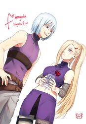  1boy bandage blonde_hair blue_eyes blue_nails female flower hair_ornament hair_over_one_eye hairclip hand_on_hip holster hoozuki_suigetsu ino_yamanaka long_hair meiko_(puua) midriff nail_polish naruto naruto_shippuuden navel ponytail purple_eyes rose sharp_teeth standing sweatdrop thigh_holster very_long_hair white_hair 