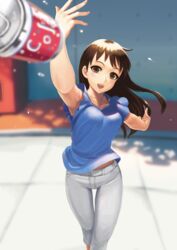  :d arm_up armpits blue_shirt blurry blurry_background blurry_foreground breasts brown_eyes brown_hair can collarbone commentary day denim depth_of_field drink_can female fingernails floating_hair head_tilt highres incoming_drink jeans jewelry long_hair looking_at_viewer medium_breasts necklace onee-san_(penguin_highway) open_mouth outdoors outstretched_arm panties pants penguin_highway ranma_(kamenrideroz) shirt short_sleeves smile soda_can solo standing sunlight teeth thigh_gap throwing tree_shade underwear upper_teeth_only vending_machine white_pants 