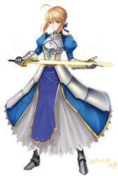  ahoge armor armored_boots artoria_pendragon_(fate) blonde_hair boots commentary_request dated dress excalibur_(fate/stay_night) fate/stay_night fate_(series) female full_body gauntlets highres holding holding_sword holding_weapon looking_at_viewer mhg_(hellma) photoshop_(medium) saber_(fate) simple_background smile solo sword weapon white_background 