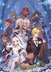  2018 4boys 5girls :d ;d ahoge apple armor artist_name black_gloves blonde_hair blue_butterfly blue_eyes braid brown_hair bug butterfly commentary eirudy elbow_gloves facial_hair facial_mark flower food fruit fur_collar gauntlets gloves green_eyes grey_hair helmet highres hood legs long_hair looking_at_viewer moustache multiple_boys multiple_girls oerba_yun_fang one_eye_closed open_mouth red_eyes red_hair short_hair side_braid silver_hair single_braid smile tree tsubasa_tsubasa white_hair witch_springs yellow_eyes 