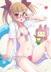  :3 :d arm_support bikini bikini_under_clothes blunt_bangs blush blush_stickers brown_eyes brown_hair cherry commentary_request cup drinking_glass drinking_straw english_text female flat_chest food from_side front-tie_bikini_top front-tie_top fruit glasses groin hair_ribbon hand_up happy hip_bones hip_focus holding ice_cream ice_cream_float idolmaster idolmaster_cinderella_girls ikebukuro_akiha innertube knee_up lab_coat long_hair melon_soda micro_bikini navel oerba_yun_fang open_clothes open_mouth pink_bikini rectangular_eyewear red-framed_eyewear ribbon robot sai_koro semi-rimless_eyewear short_sleeves side-tie_bikini_bottom sidelocks sitting smile solo spoken_star spoon star_(symbol) string_bikini swim_ring swimsuit text_background thick_eyebrows transparent twintails under-rim_eyewear usa-chan_robot_(idolmaster) v v_over_eye 