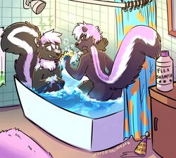  anthro assisted_bathing bath bathroom bathtub combatraccoon duo male mammal mephitid nude rug shampoo shower_curtain skunk smelly snacks_(dreadfox) sponge towel water 