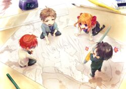  3boys black_thighhighs bow brown_eyes brown_hair calligraphy_brush closed_eyes commentary_request drawing eraser female gekkan_shoujo_nozaki-kun hori_masayuki mamiko_(koi_shiyou!) mikoshiba_mikoto mini_person miniboy minigirl multiple_boys necktie nib_pen_(object) open_mouth orange_hair paintbrush paper pen polka_dot polka_dot_bow purple_eyes purple_hair red_hair rouman_academy_school_uniform ruler sakura_chiyo school_uniform smile suzuki_saburou_(koi_shiyou!) thighhighs wakamatsu_hirotaka zuri 