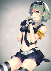  armband bare_shoulders belt belt_buckle black_gloves black_necktie black_shorts black_vest blush breasts brown_eyes buckle commentary_request female fingerless_gloves fingernails gloves green_hair grin gumi hair_between_eyes hands_up kairiki_bear_(&quot;lolita&quot;_songs) long_hair medium_breasts navel necktie shiomizu_(swat) short_shorts shorts sitting smile solo steepled_fingers striped_clothes striped_thighhighs suspender_shorts suspenders thighhighs vest vocaloid white_belt 