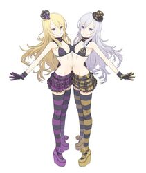  2girls :p :q asymmetrical_docking bare_shoulders bikini bikini_top_only black_gloves blonde_hair breast_press choker crown exela_(summon_night) full_body gloves hat kuroboshi_kouhaku long_hair midriff mini_crown mini_hat mini_top_hat miniskirt multiple_girls navel outstretched_arm plaid plaid_skirt platform_footwear purple_eyes siblings silver_hair sisters skirt striped_clothes striped_thighhighs summon_night summon_night_5 swimsuit thighhighs tongue tongue_out top_hat twins veloce_(summon_night) white_background 