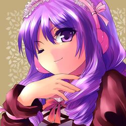  bad_id bad_pixiv_id bow drill_hair female gothic_lolita kobanzame lolita_fashion one_eye_closed original purple_eyes purple_hair ribbon solo 