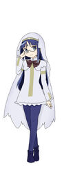  blue_eyes blue_hair bow capelet commentary_request dress female glasses llio long_hair mahou_shoujo_kazumi_magica mahou_shoujo_madoka_magica misaki_umika official_style pantyhose smile solo veil 