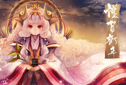  aka_tonbo_(lovetow) horns japanese_clothes long_hair original red_eyes rope sheepgirl white_hair 