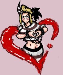  blush crop_top cuffs female green_eyes heart heart_hands horns long_hair midriff moe_moe_kyun! navel oerba_yun_fang pointy_ears ponytail prison_clothes scar scythana shackles single_horn skullgirls solo zferolie 