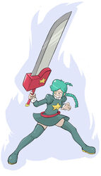  annie_(skullgirls) aura belt belt_pouch boots braid commentary_request dress eyepatch female fighting_stance green_footwear green_hair green_skirt huge_weapon pouch shadowbug_x skirt skullgirls star_(symbol) sword thigh_boots thighhighs twin_braids weapon yellow_eyes zettai_ryouiki 