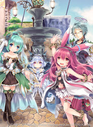  1boy 3girls :d ahoge angel animal_ears anklet arm_up bad_id bad_pixiv_id barefoot boots bracelet cobblestone copyright_notice day detached_sleeves emil_chronicle_online feathered_wings fountain glasses green_hair grey_eyes hair_ornament hairband halo horns jewelry konayama_kata lamp long_hair maid_headdress mitama_aria mitama_hisui mitama_lilie mitama_nanai multiple_girls navel official_art open_mouth purple_eyes purple_hair rabbit_ears short_hair sitting smile standing stone_floor thigh_boots thighhighs white_hair white_wings wings 